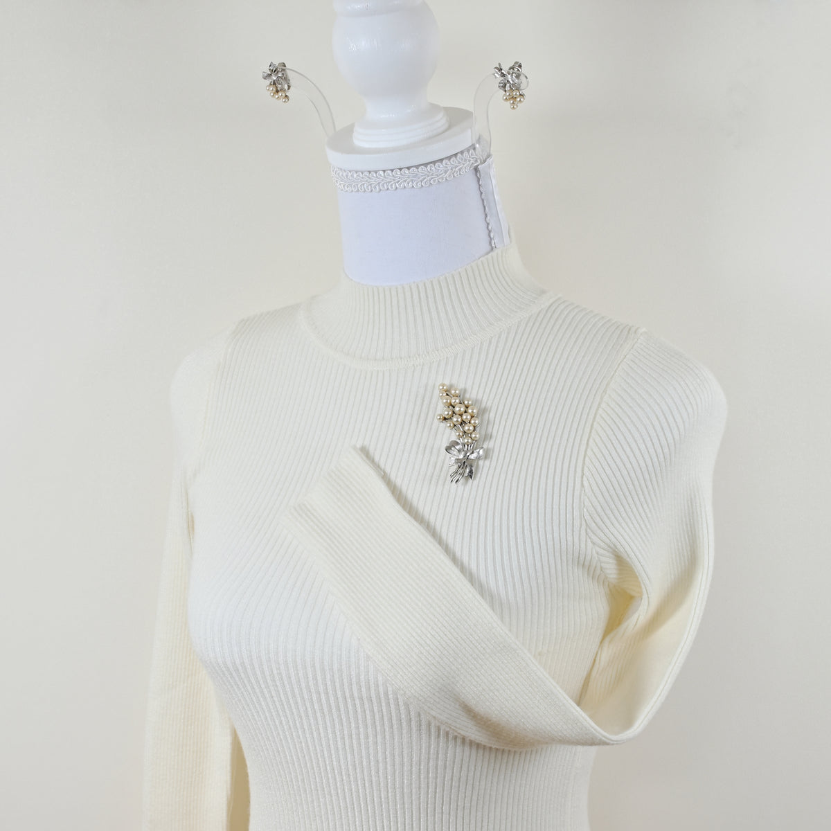 Vintage Crown Trifari Faux Pearl Spray & Bow — Matching Set: Brooch & Clip-On Earrings