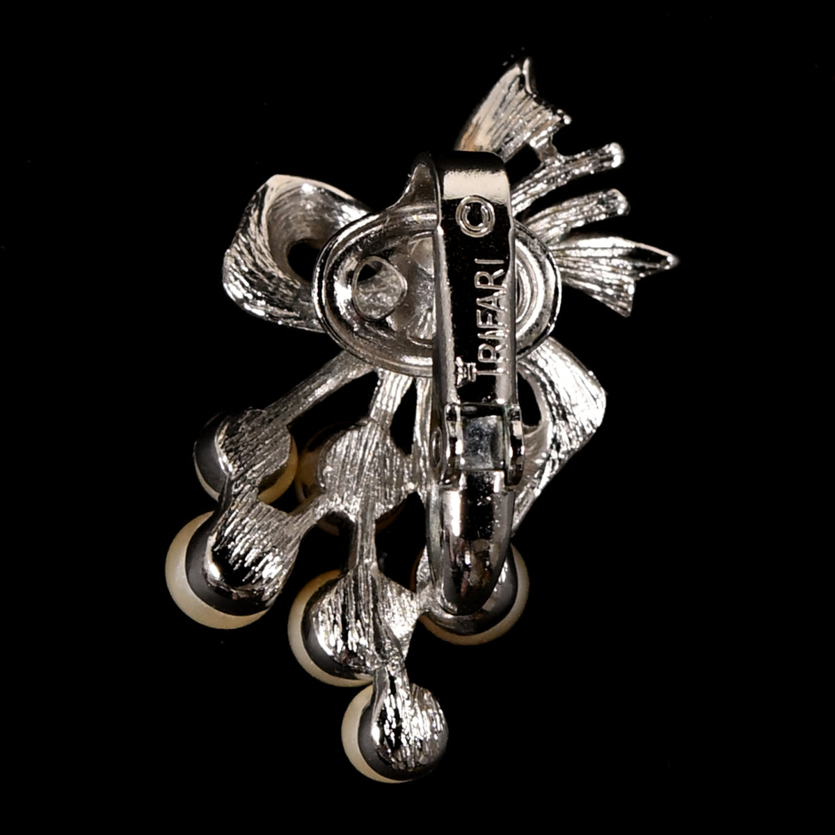 Vintage Crown Trifari Faux Pearl Spray & Bow — Matching Set: Brooch & Clip-On Earrings