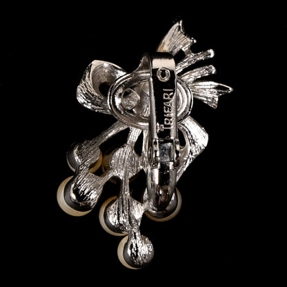 Vintage Crown Trifari Faux Pearl Spray & Bow — Matching Set: Brooch & Clip-On Earrings