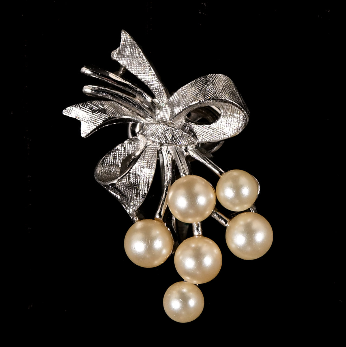 Vintage Crown Trifari Faux Pearl Spray & Bow — Matching Set: Brooch & Clip-On Earrings