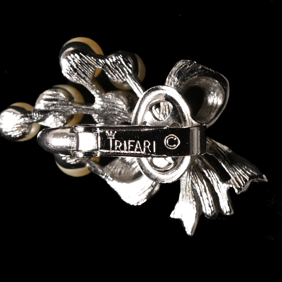 Vintage Crown Trifari Faux Pearl Spray & Bow — Matching Set: Brooch & Clip-On Earrings