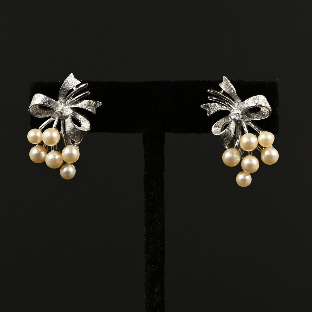 Vintage Crown Trifari Faux Pearl Spray & Bow — Matching Set: Brooch & Clip-On Earrings