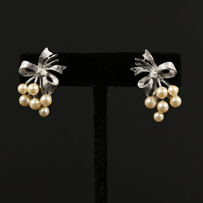 Vintage Crown Trifari Faux Pearl Spray & Bow — Matching Set: Brooch & Clip-On Earrings