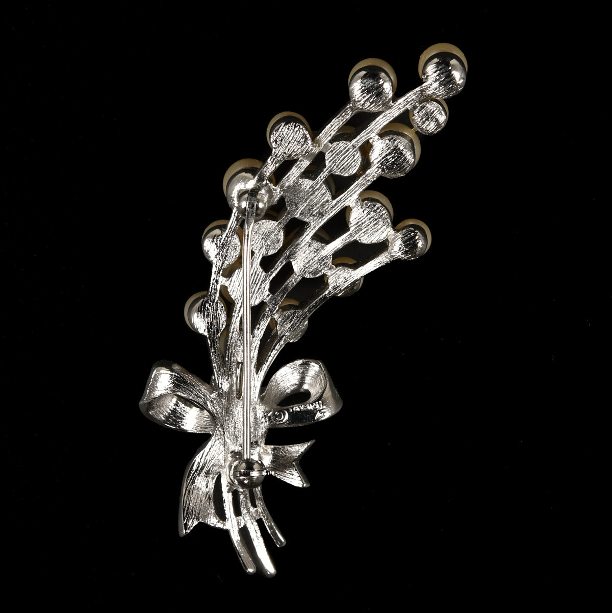 Vintage Crown Trifari Faux Pearl Spray & Bow — Matching Set: Brooch & Clip-On Earrings