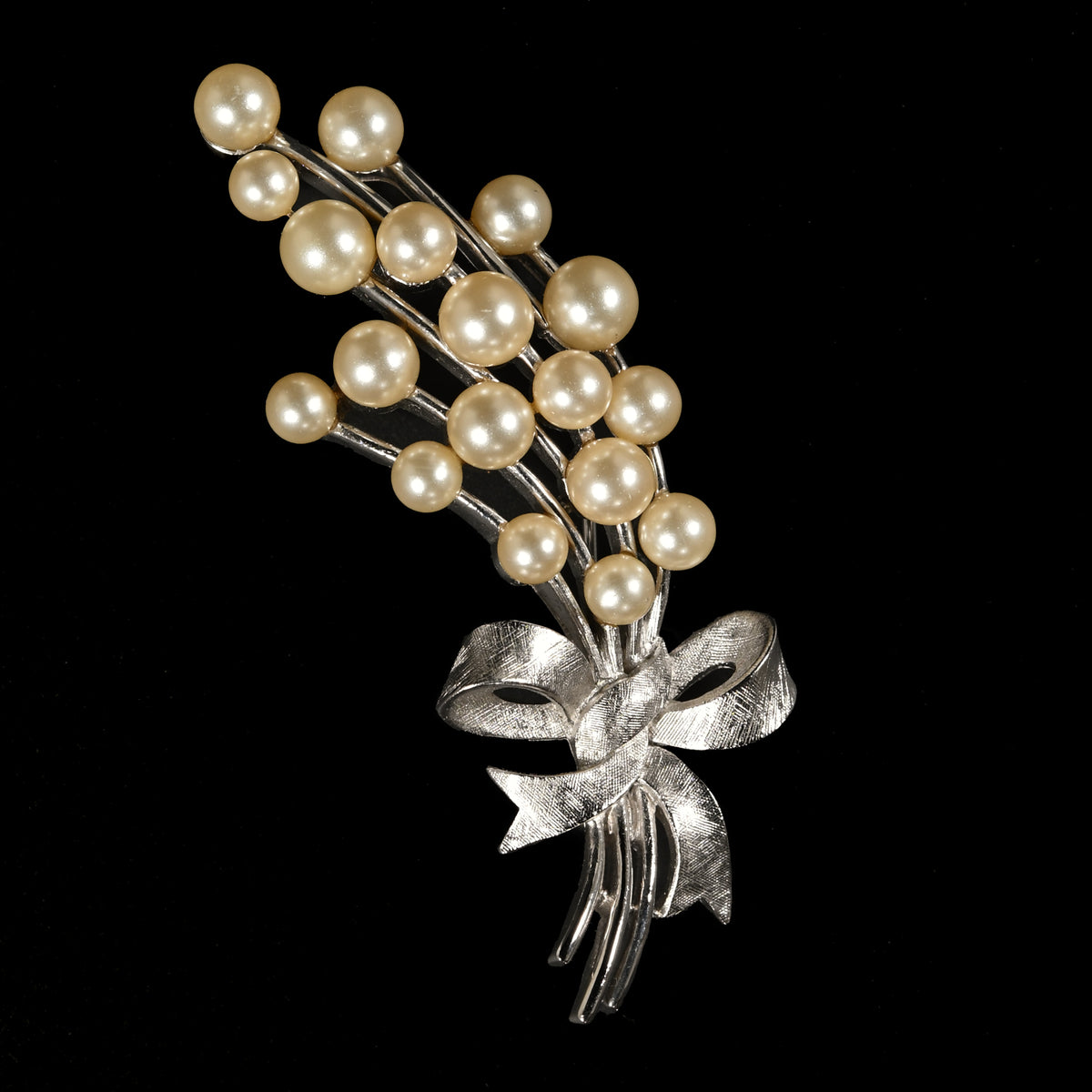 Vintage Crown Trifari Faux Pearl Spray & Bow — Matching Set: Brooch & Clip-On Earrings