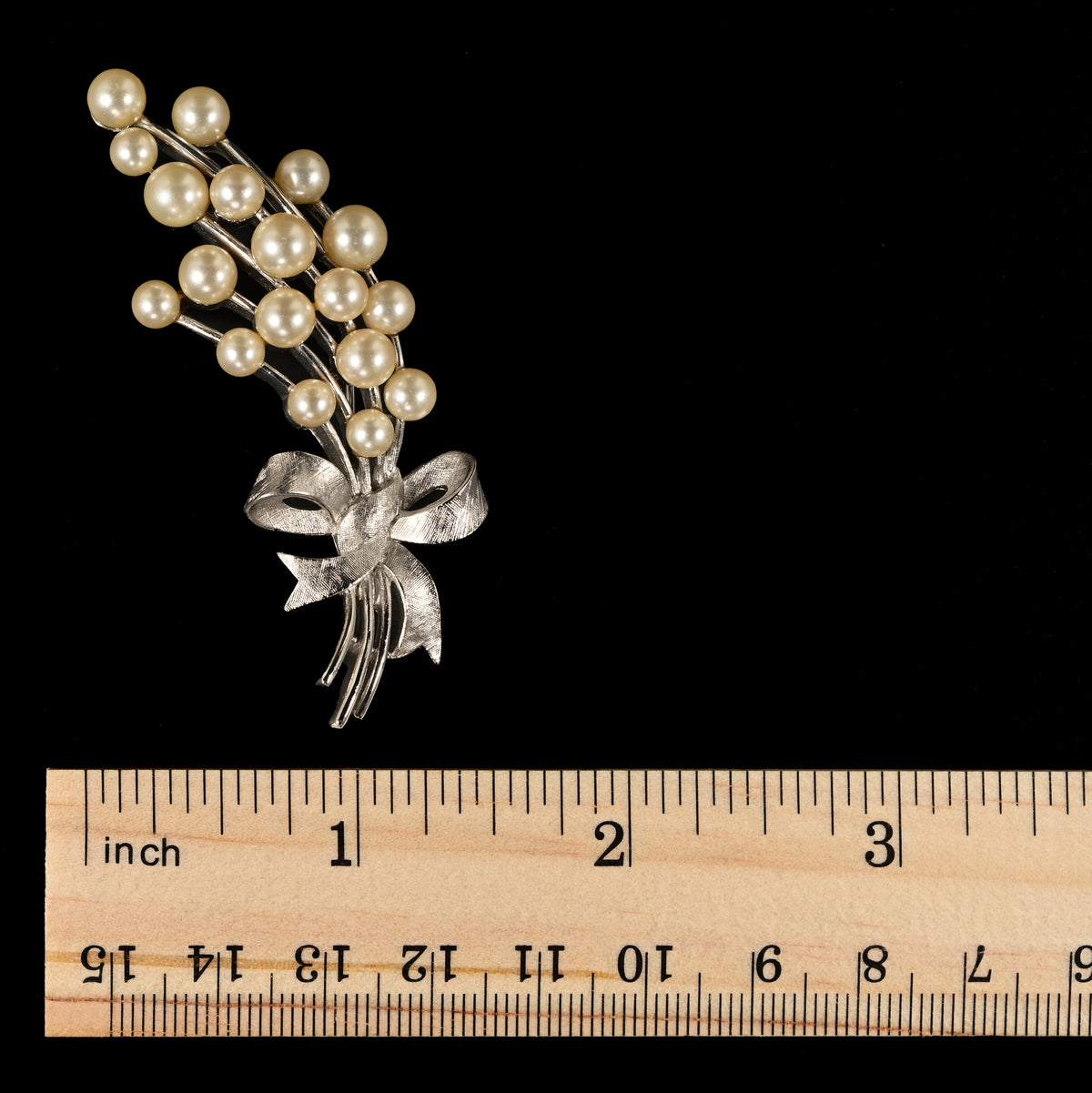 Vintage Crown Trifari Faux Pearl Spray & Bow — Matching Set: Brooch & Clip-On Earrings