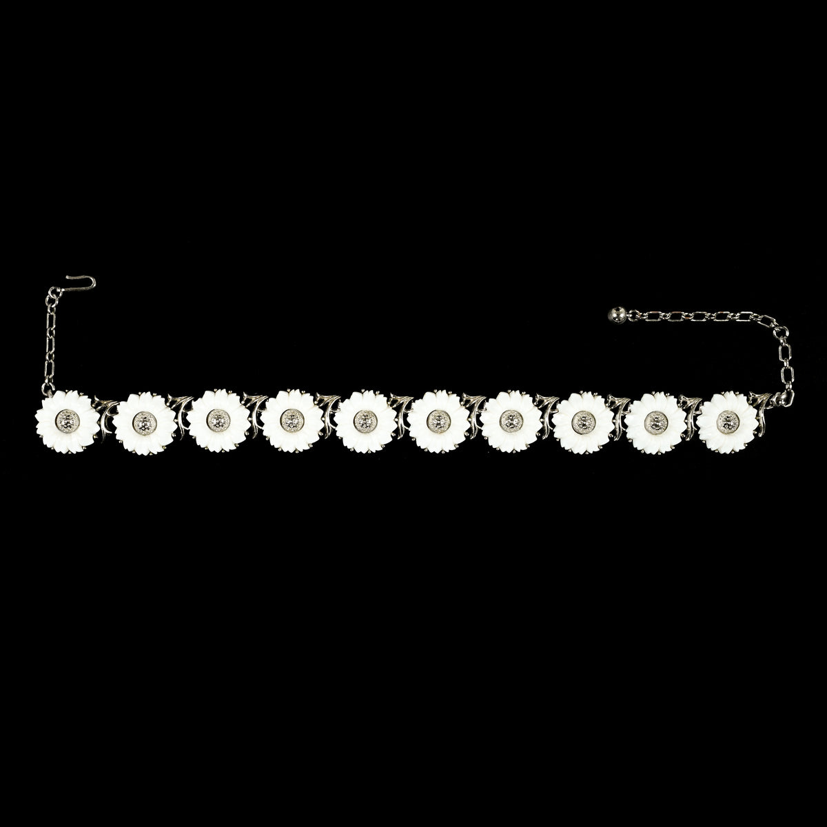 Vintage Crown Trifari White Daisy — Matching Set: Clip-On Earrings, Bracelet & Necklace