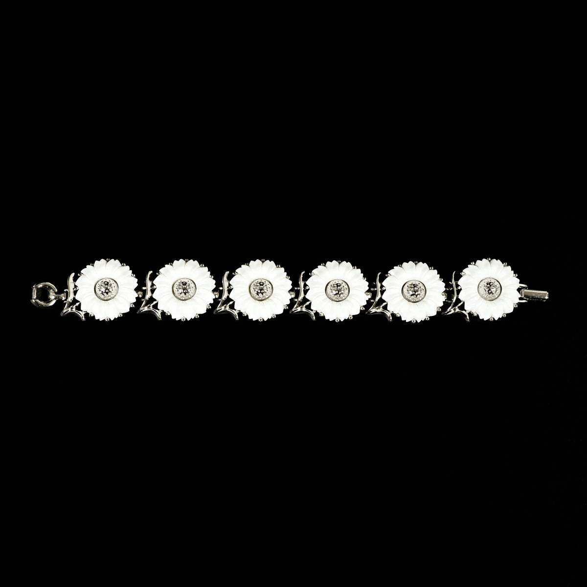 Vintage Crown Trifari White Daisy — Matching Set: Clip-On Earrings, Bracelet & Necklace