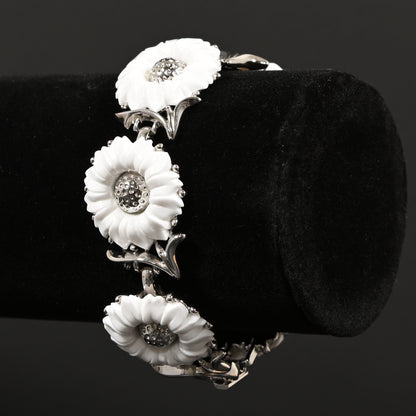 Vintage Crown Trifari White Daisy — Matching Set: Clip-On Earrings, Bracelet & Necklace