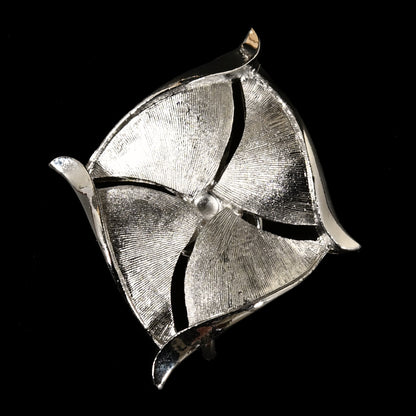 Vintage Crown Trifari Silver-Tone Abstract Pinwheel — Matching Set: Brooch & Clip-On Earrings