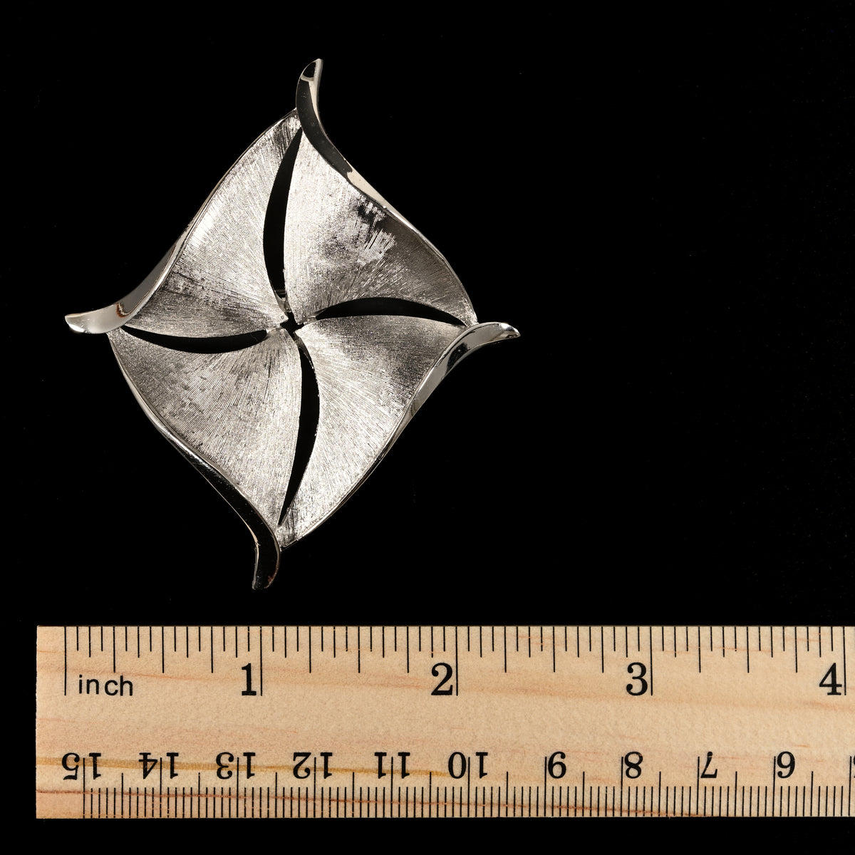 Vintage Crown Trifari Silver-Tone Abstract Pinwheel — Matching Set: Brooch & Clip-On Earrings