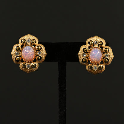Vintage Crown Trifari Opalescent Cabochon Rhinestone  — 6-Piece Matching Set:  2-Brooch, 2-Earrings, Bracelet & Necklace