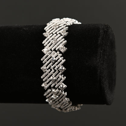 Vintage Crown Trifari Silver-Tone Textured Geometric — Matching Set: Clip-On Earrings, Bracelet & Necklace