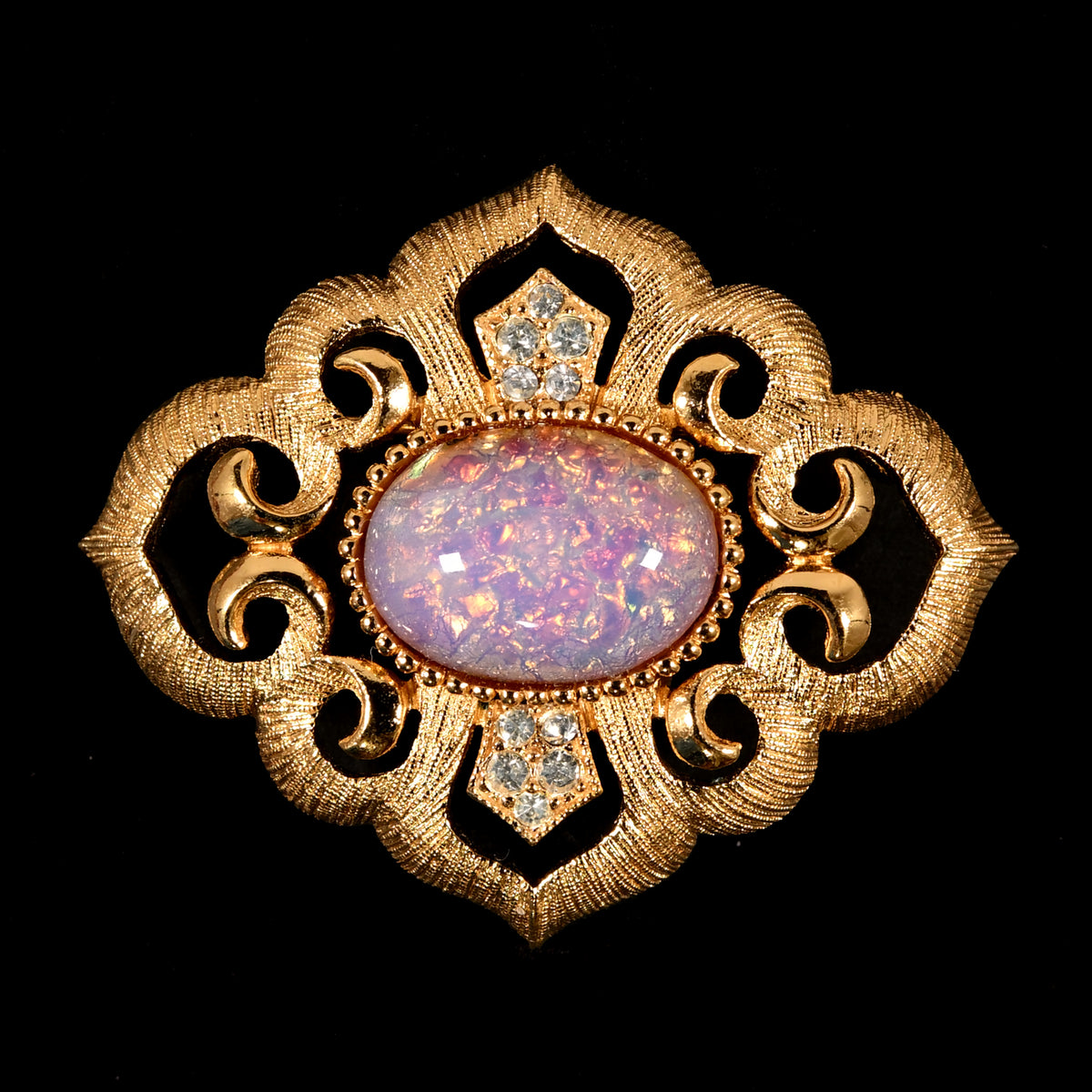 Vintage Crown Trifari Opalescent Cabochon Rhinestone  — 6-Piece Matching Set:  2-Brooch, 2-Earrings, Bracelet & Necklace
