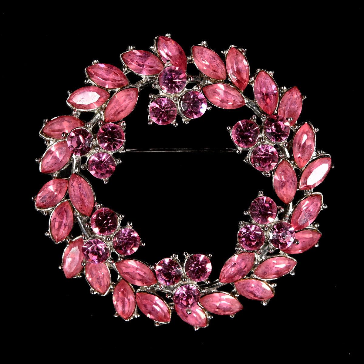 Vintage Crown Trifari Pink Rhinestone Wreath — Matching Set: Brooch & Clip-On Earrings