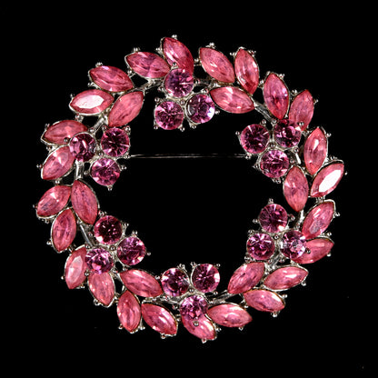 Vintage Crown Trifari Pink Rhinestone Wreath — Matching Set: Brooch & Clip-On Earrings
