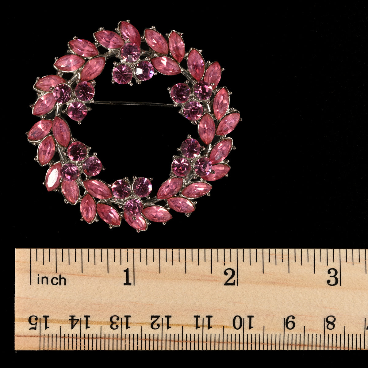 Vintage Crown Trifari Pink Rhinestone Wreath — Matching Set: Brooch & Clip-On Earrings