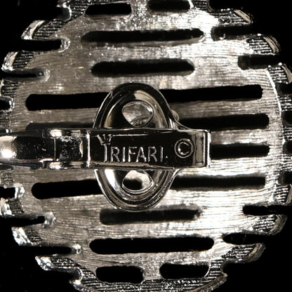 Vintage Crown Trifari Silver-Tone Textured Geometric — Matching Set: Clip-On Earrings, Bracelet & Necklace