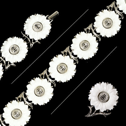 Vintage Crown Trifari White Daisy — Matching Set: Clip-On Earrings, Bracelet & Necklace