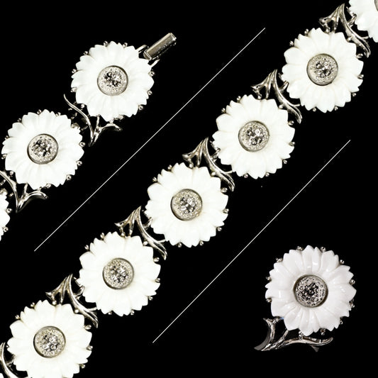 Vintage Crown Trifari White Daisy — Matching Set: Clip-On Earrings, Bracelet & Necklace