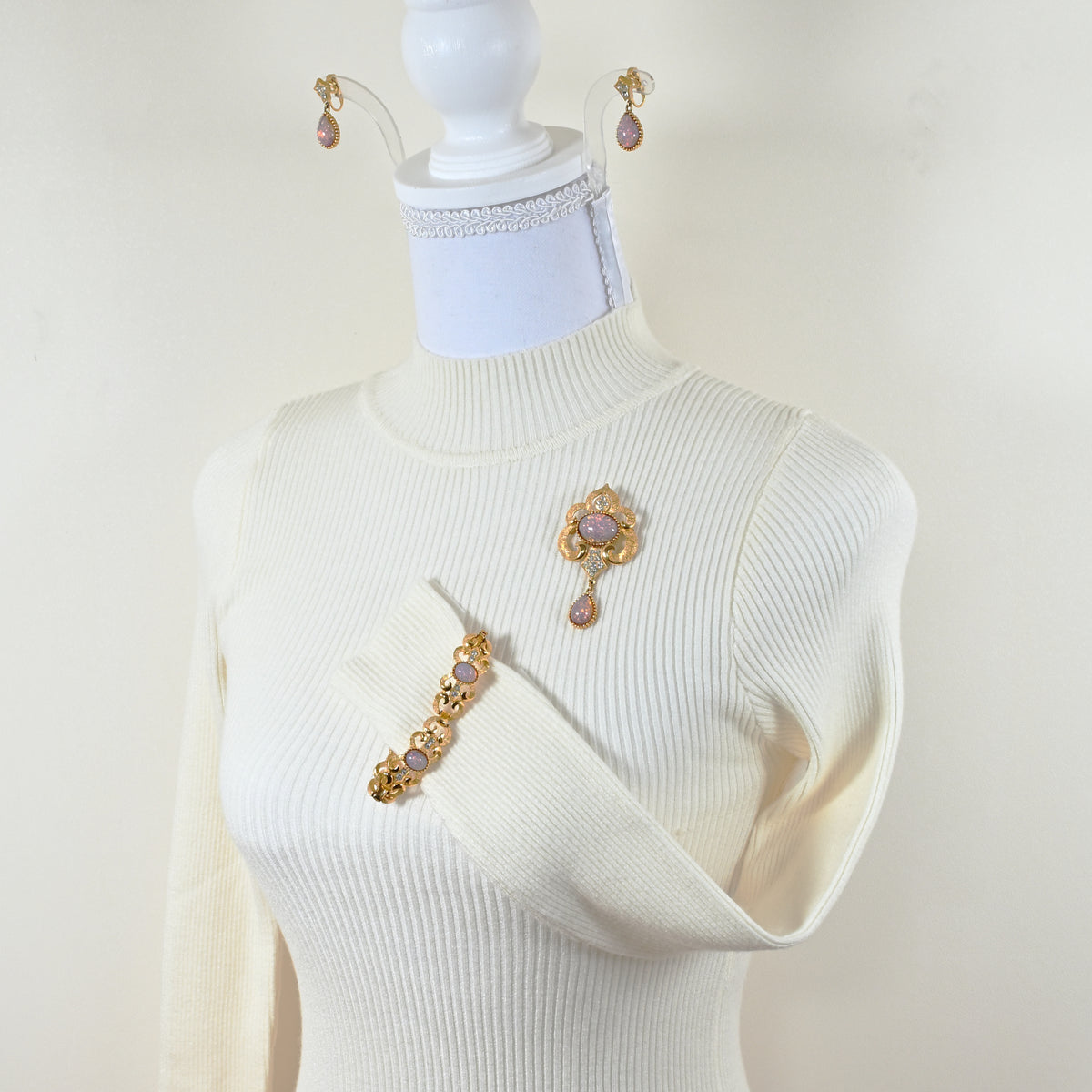 Vintage Crown Trifari Opalescent Cabochon Rhinestone  — 6-Piece Matching Set:  2-Brooch, 2-Earrings, Bracelet & Necklace