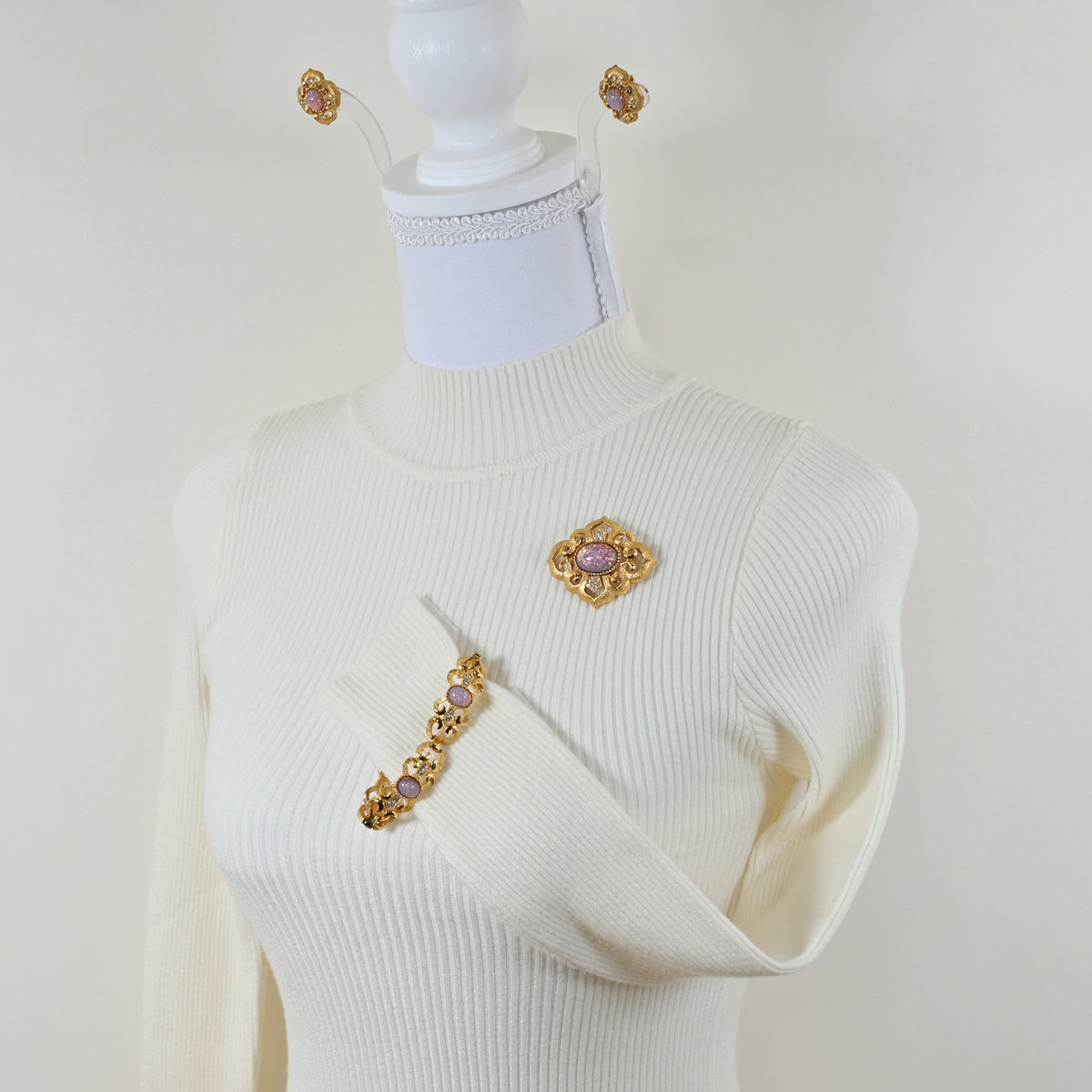 Vintage Crown Trifari Opalescent Cabochon Rhinestone  — 6-Piece Matching Set:  2-Brooch, 2-Earrings, Bracelet & Necklace