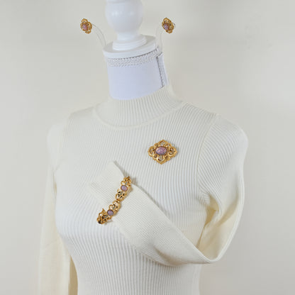 Vintage Crown Trifari Opalescent Cabochon Rhinestone  — 6-Piece Matching Set:  2-Brooch, 2-Earrings, Bracelet & Necklace