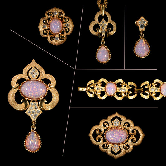 Vintage Crown Trifari Opalescent Cabochon Rhinestone  — 6-Piece Matching Set:  2-Brooch, 2-Earrings, Bracelet & Necklace