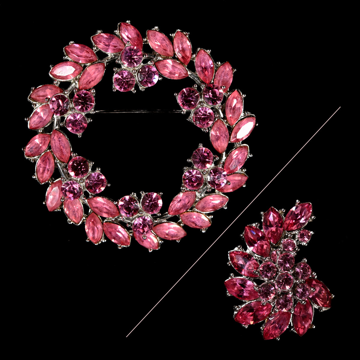 Vintage Crown Trifari Pink Rhinestone Wreath — Matching Set: Brooch & Clip-On Earrings