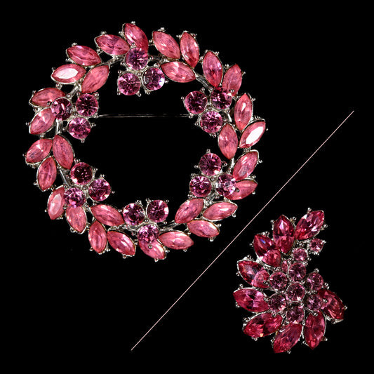 Vintage Crown Trifari Pink Rhinestone Wreath — Matching Set: Brooch & Clip-On Earrings