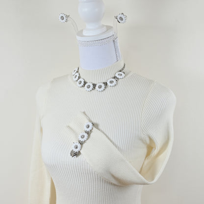 Vintage Crown Trifari White Daisy — Matching Set: Clip-On Earrings, Bracelet & Necklace