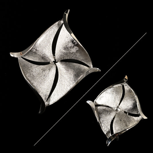 Vintage Crown Trifari Silver-Tone Abstract Pinwheel — Matching Set: Brooch & Clip-On Earrings