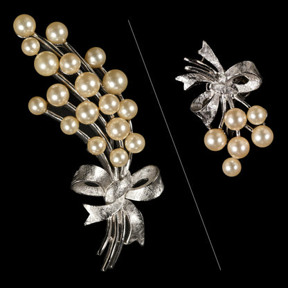 Vintage Crown Trifari Faux Pearl Spray & Bow — Matching Set: Brooch & Clip-On Earrings